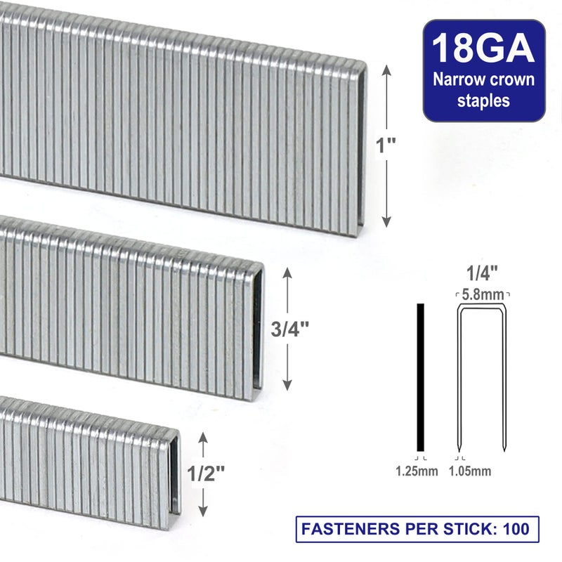 HW HAMWOO 18 Gauge by 1/2 to 1 in Multi-Pack Narrow Crown Staples, 1200-Pack Including 1/2"- 400; 3/4"- 400; 1"- 400 (Silver) - Image 4